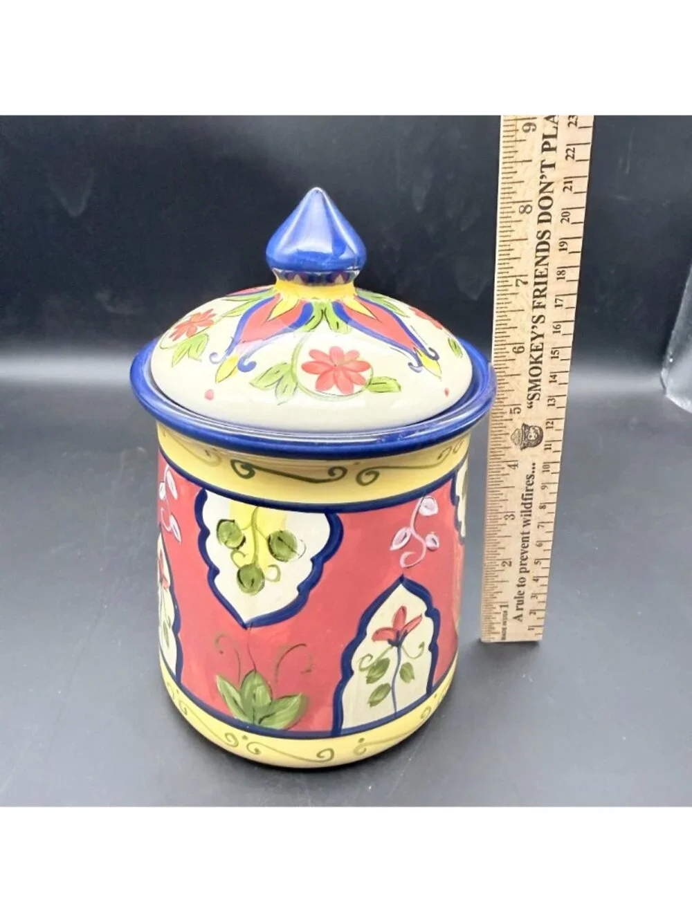 Pier 1 Imports Vallarta Hand-Painted Ceramic Canister 8-In Small Blue Finial Lid
